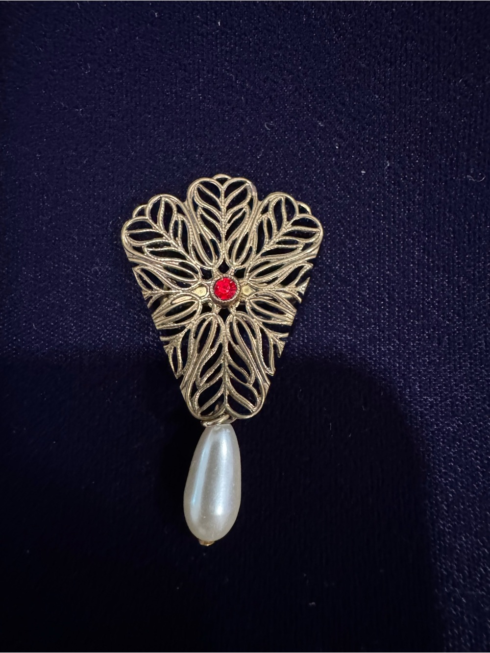 Gold Filigree Teardrop Pearl Brooch with Red Accent